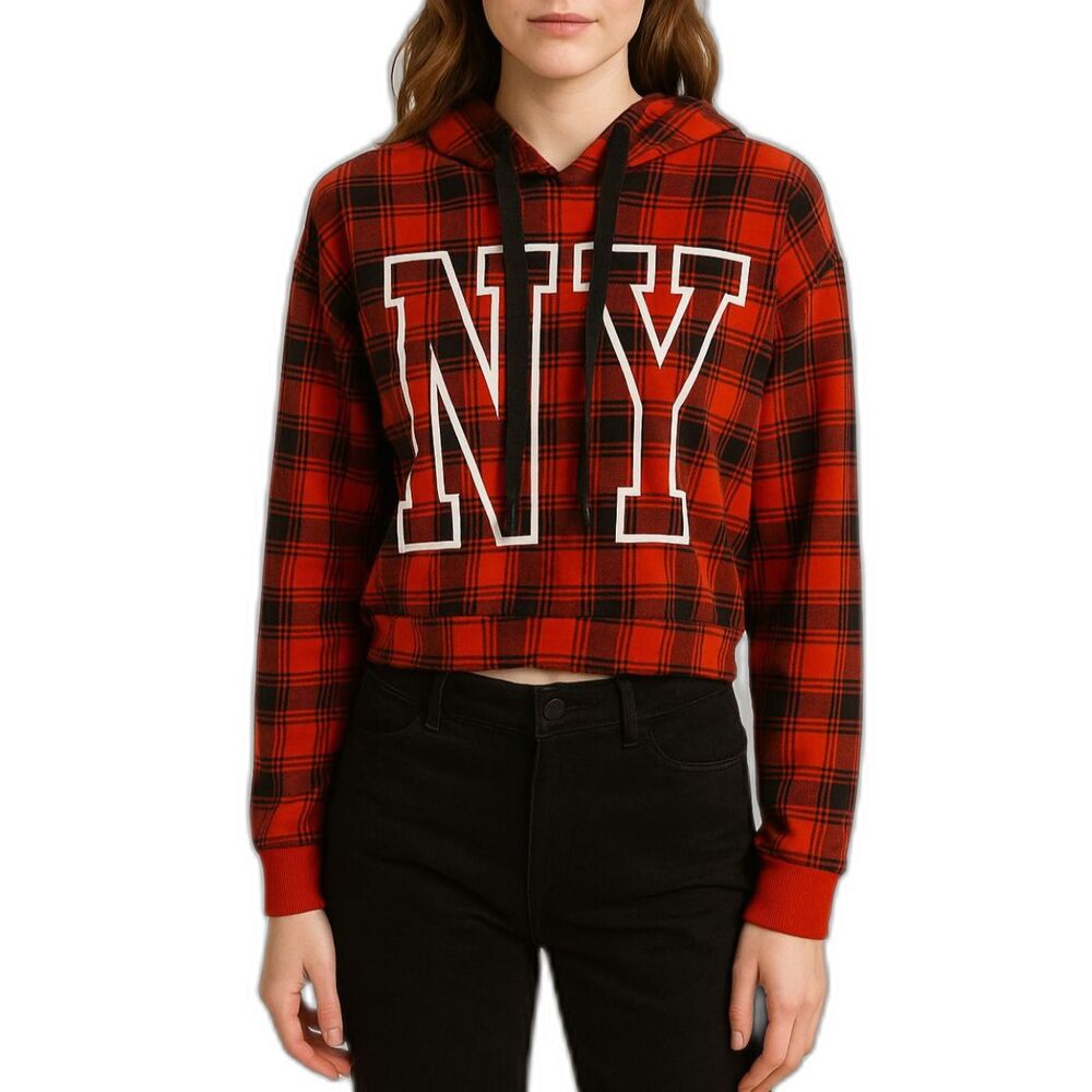 Flirtitude Active Women’s NY Plaid Cropped Hoodie | Size Large